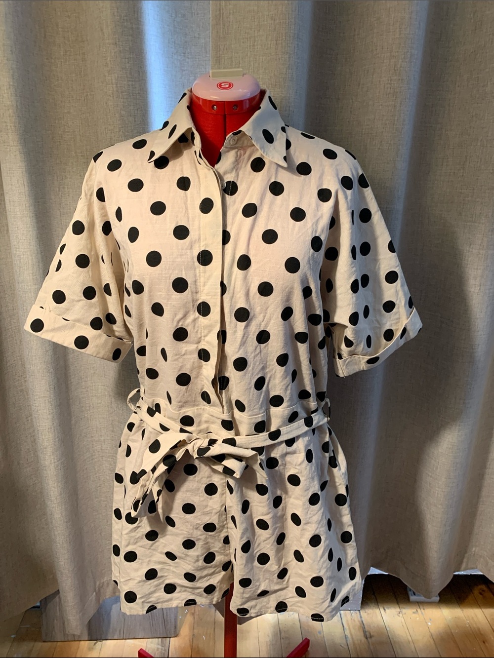 Fashion Nova Polka Dot Button-Front Short Sleeve Romper - Black on Cream - Picture 2 of 5